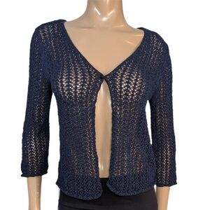 Jones New York Open Knit Cardigan Womens Size Small Navy Blue Cropped Sleeve